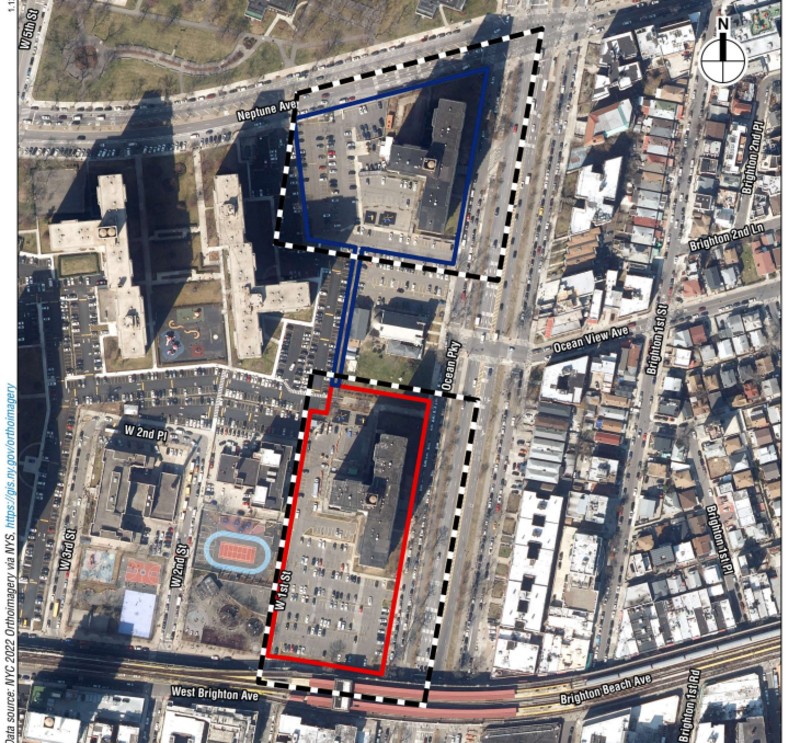 400 Neptune Avene site is in blue, 3030 Ocean Parkway in red